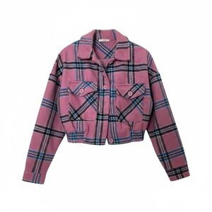 Fall Winter Pink Plaid Cozy Cropped Shacket Jacket